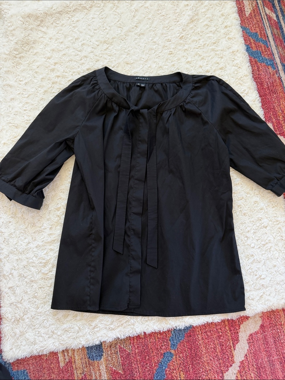 Theory Black Tie-Neck Puff Sleeve Blouse Women's Medium